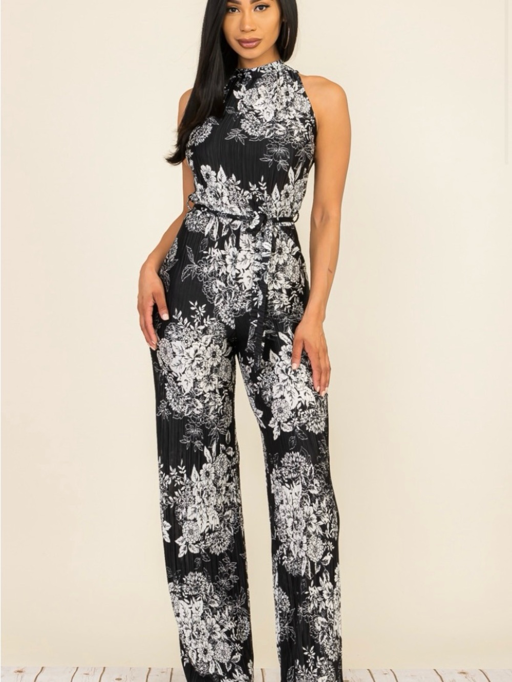 Sleeveless Black & White Floral High-Neck Jumpsuit
